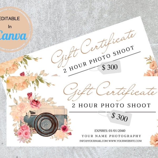 Photography Gift Certificate, Canva Template, Printable Photo Session Gift Card, Electronic Gift Card.