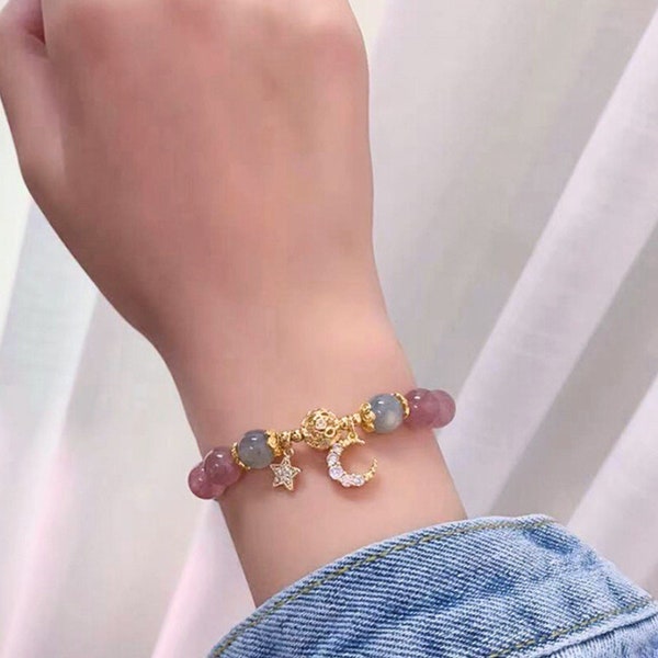 Moon & Star Crystal Beads Bracelet ,Women Adjustable Bracelet for a gift