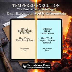 May include: A digital tablet displays text: "TEMPERED EXECUTION" and "Daily Execution. Weekly Refinement." The screen is split, with "DAILY DISCIPLINE LEDGER" on one side and "WEEKLY HEAT TREATMENT" on the other. The MasterMaker Forge logo is at the bottom.