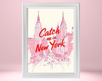New York Cityscape Print | Pink Travel Poster (Digital Download)