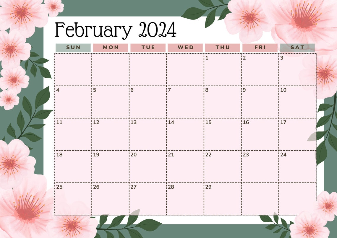 Floral February 2024 Calendar A4 PRINTABLE DOWNLOADABLE Cottagecore