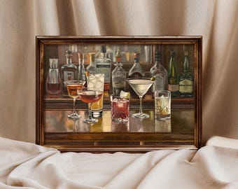 バーウォールアート：ヴィンテージ ウイスキー カクテル マティーニ アート、アルコール飲料の印刷可能な油絵、酒類ポスター、レトロなバーカートの装飾、ホームバーギフト