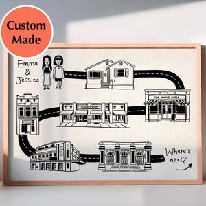 Lieux préférés, cadeau de remise des diplômes pour un meilleur ami, carte personnalisée, lieu personnalisé, carte pour couple, dessins au trait dessinés à la main, endroits spéciaux que nous aimons