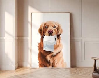 Funny Dog Bathroom Wall Art: Golden Retriever with Toilet Paper Print,Toilet Humor Decor,Funny Dog Poster,Pet Lover Gift,Washroom,Restroom