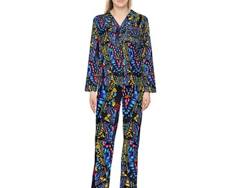 Pijama de cetim com estampa de borboleta: conjunto de roupa de dormir feminina