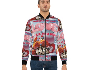 May include: A blue and pink bomber jacket with a repeating pattern of hearts, roses, and the words "World's Best Man", "Love", and "All You Need".