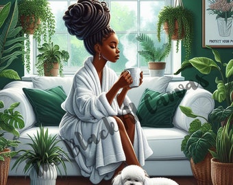Peut inclure: Une femme en robe blanche est assise sur un canapé blanc avec un chien blanc. Elle tient une tasse de café et regarde par la fenêtre. Il y a des plantes dans la pièce, notamment une plante suspendue et une plante en pot sur le sol. Le texte sur le mur dit "Protégez votre paix."