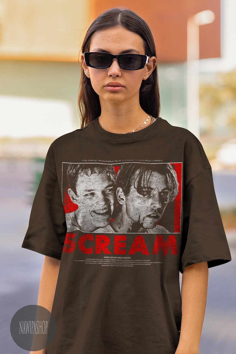 Vintage 90s Scream Movie T-Shirt | Billy Loomis & Stu Macher Retro Graphic Tee | Horror Film Shirt | Classic Slasher Apparel | Halloween image 2