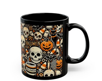 Taza de café de Halloween espeluznante: esqueleto, calabaza, cerámica negra