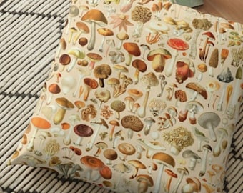 Vintage Mushroom Printed Pillow with Mushroom Tapestry Identification Chart
