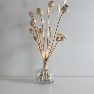 May include: A clear glass vase displays a dried floral arrangement. The arrangement includes beige poppy seed heads and fluffy, pale grasses. The vase is on a white surface against a light grey background.