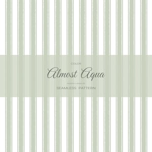 May include: A seamless pattern with vertical stripes in shades of white and light green. The text "Almost Aqua" is displayed in a cursive font, with the words "Color" and "Seamless Pattern" above and below, respectively.