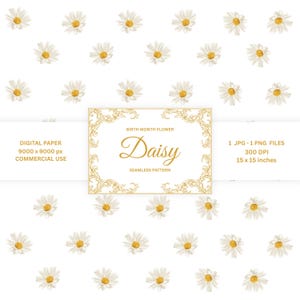 April Birth Month Flower Seamless Pattern, Daisy Digital for Fabric, White Floral Background, Minimalist Boho Flower Pattern, Table Blanket