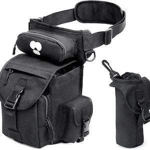 May include: Black tactical leg bag with multiple compartments, zippers, and adjustable straps. Includes a detachable water bottle holder. Features a small pouch with a white graphic. Ideal for outdoor activities and travel.