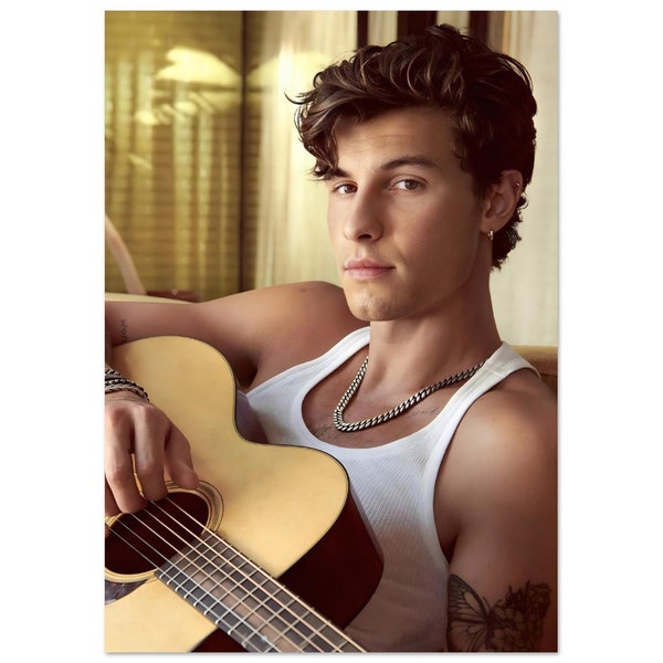 Shawn Mendes Guitar Session Poster - Captivating poster of Shawn Mendes playing guitar at home - Wall Poster Décor