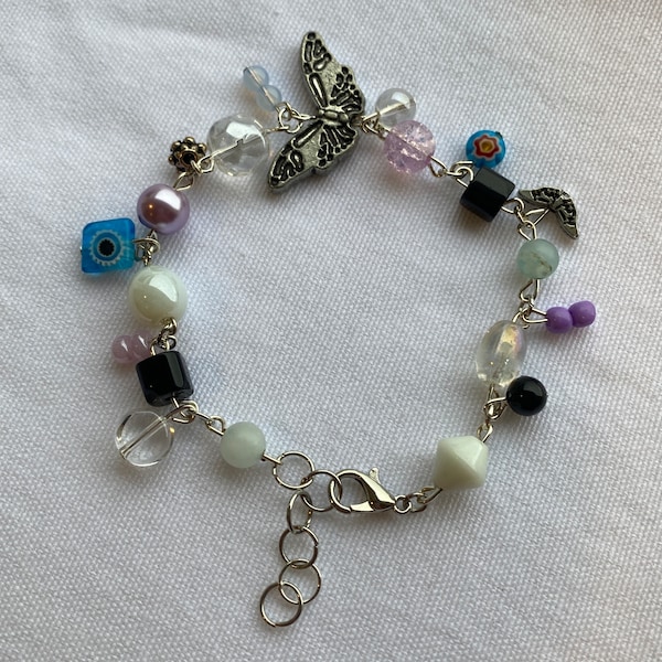 Purple Butterfly clutter bracelet • purple blue silver • floral butterfly charm bracelet • beaded Y2K cluster bracelet • teen girl gift