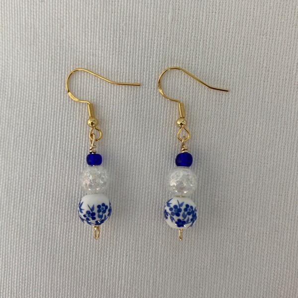 China Shop earrings • blue ceramic flower with white quartz earrings • hypoallergenic earrings • dangly earrings • jewelry gifts for her