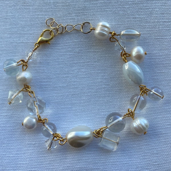 Head in the Clouds clutter bracelet • white and gold bracelet • freshwater pearls • classy Y2K bracelet • glass beads • trendy jewelry