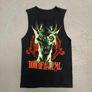 Vintage 1988 Slayer Root Of All Evil World Sacrifice Tour Rare Single Stitch Double Sided Thrash Metal Concert Band Sleeveless T Shirt Large