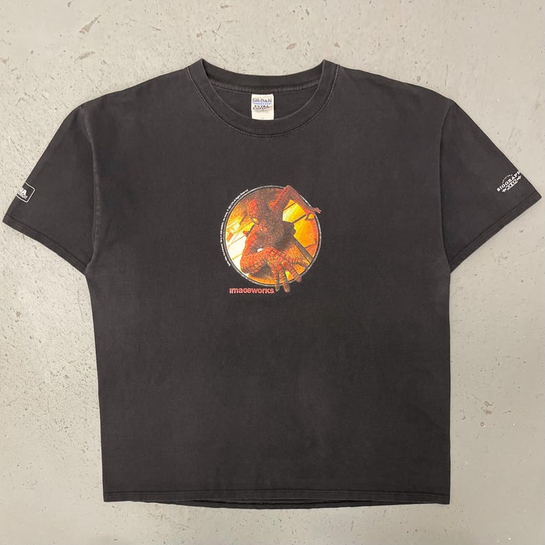 May include: Dark gray t-shirt featuring a circular graphic of a superhero in a dynamic pose against a fiery background. The word "imageworks" is printed below the graphic. The shirt has short sleeves and a crew neck.