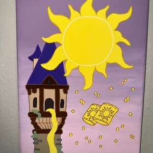 May include: A canvas painting featuring a yellow sun, a tower with a blue roof, and floating lanterns. The background is a gradient of purple and pink. The tower has a long yellow strand.