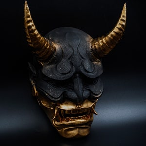 Black Gold Hannya Mask, Japanese Warior Mask, Hand Made, Gift for Him, Oni mask