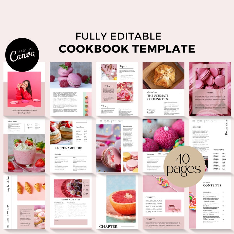 Pink Cookbook Template, Fully Editable Recipe Book, Digital Cookbook ...