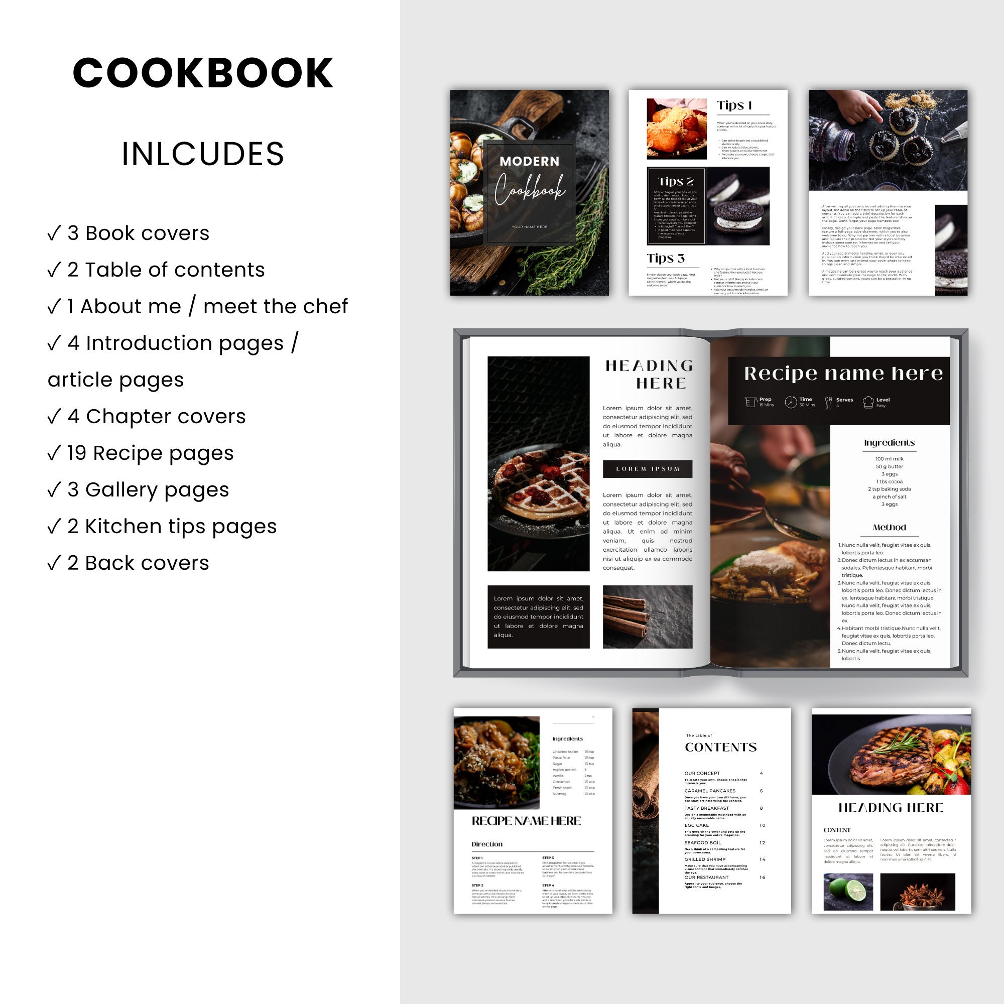 Cookbook Template, Modern Black Minimalistic Digital Cookbook Book ...