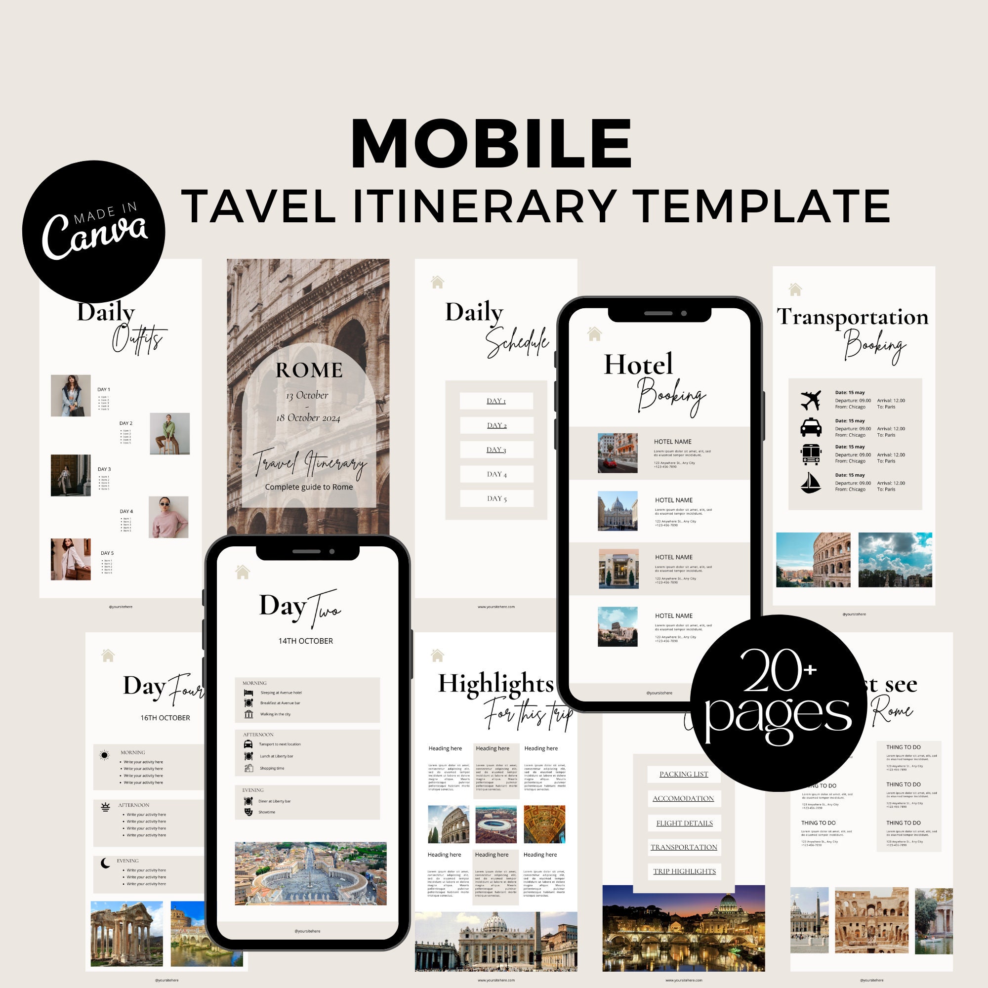 Mobile Travel Itinerary Template Printable, Mobile Itinerary, Digital ...