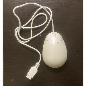 May include: A white computer mouse with a cord and a USB connector. The mouse has two buttons and a scroll wheel. The cord is white and has some wear. The mouse is egg-shaped.