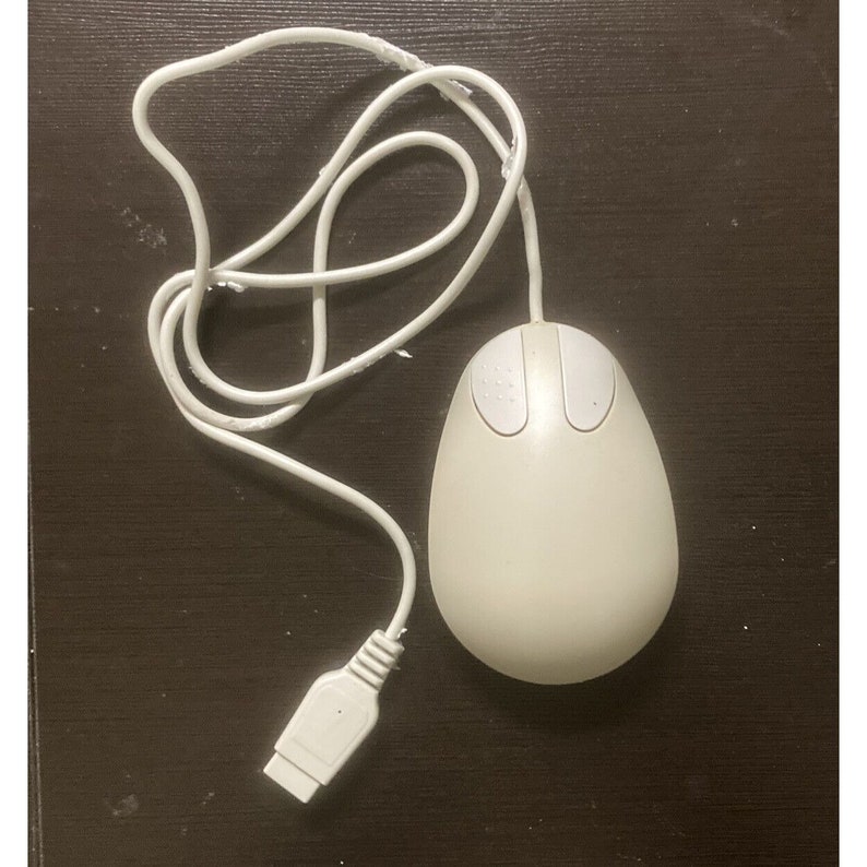 May include: A white computer mouse with a cord and a USB connector. The mouse has two buttons and a scroll wheel. The cord is white and has some wear. The mouse is egg-shaped.