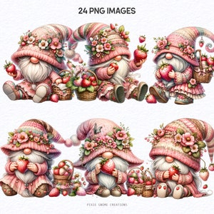 May include: A collection of six whimsical gnome illustrations, each adorned with pink hats and outfits, holding strawberries and baskets. The gnomes are surrounded by strawberries, with the text "24 PNG IMAGES" at the top and "PIXIE GNOME CREATIONS" at the bottom.