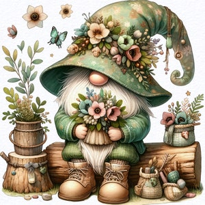 May include: A whimsical illustration of a garden gnome with a long white beard and a large green hat adorned with flowers. The gnome is holding a bouquet of flowers and wearing brown boots. Additional floral elements and a butterfly are scattered around.