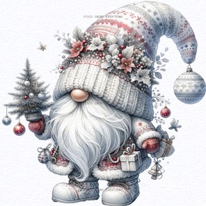 May include: A white gnome with a long white beard wearing a red and white knit hat with a white pom pom and a white knit scarf. The gnome is holding a small Christmas tree in one hand and a wrapped gift in the other. The gnome is surrounded by Christmas decorations, including a red and white ornament, a silver ornament, and a small Christmas tree.
