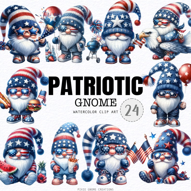 Watercolor Patriotic Gnome Png Clipart Bundle, 4th of July Gnomes ...