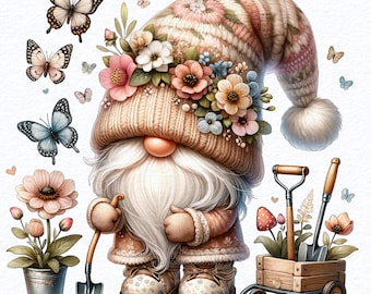 Acuarela Jardín Gnomo Clipart PNG Clipart Bundle, Gnomo con flores, Clipart para jardineros, Gnomos de primavera, Descargas de diseños de sublimación