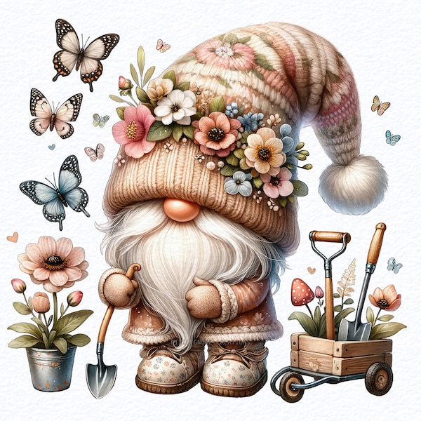 Watercolor Garden Gnome Clipart PNG Clipart Bundle, Gnome With Flowers, Clipart For Gardeners, Spring Gnomes, Sublimation Designs Downloads