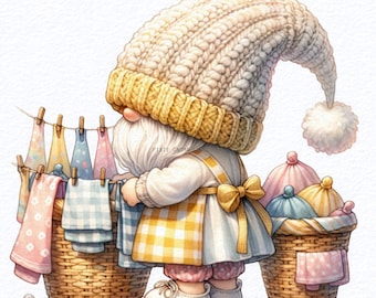 Watercolor Laundry Gnome clipart bundle Png, Housekeeping gnome png, Cleaning gnome, Sublimation Designs