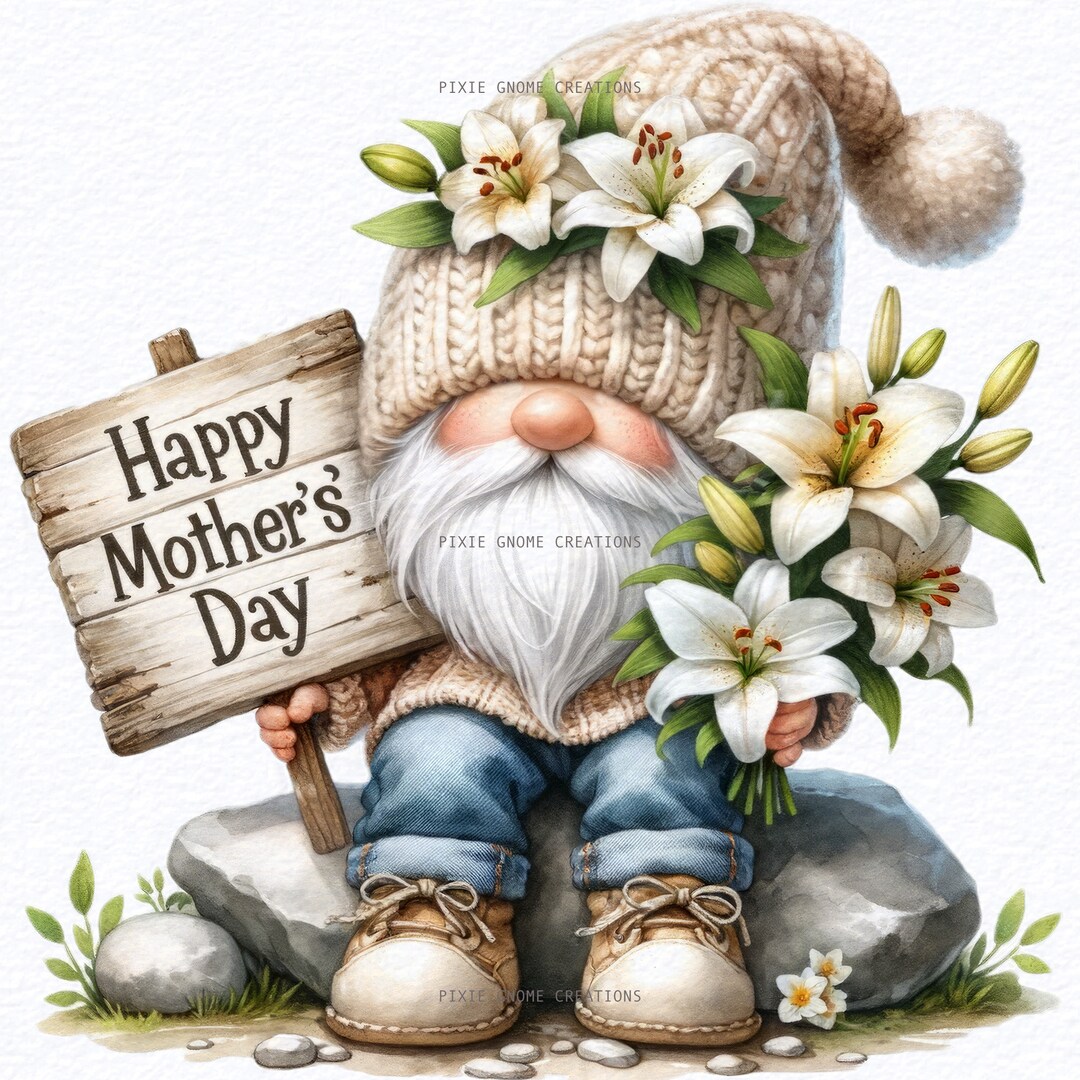 Watercolor Mothers Day Lily Floral Gnome Clipart PNG, Happy