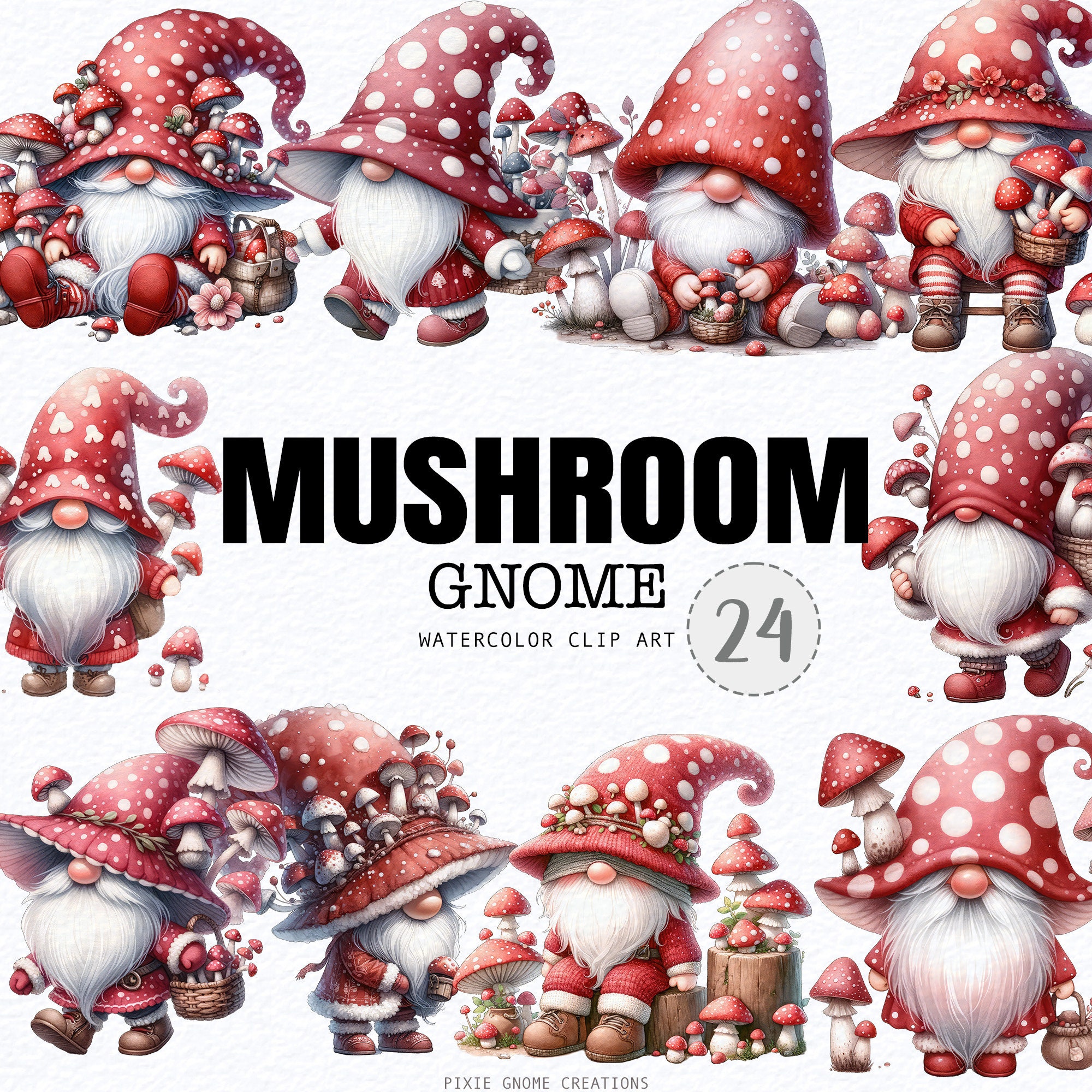 Watercolor Mushroom Gnome Clipart PNG Bundle, Garden Gnome With Flowers ...