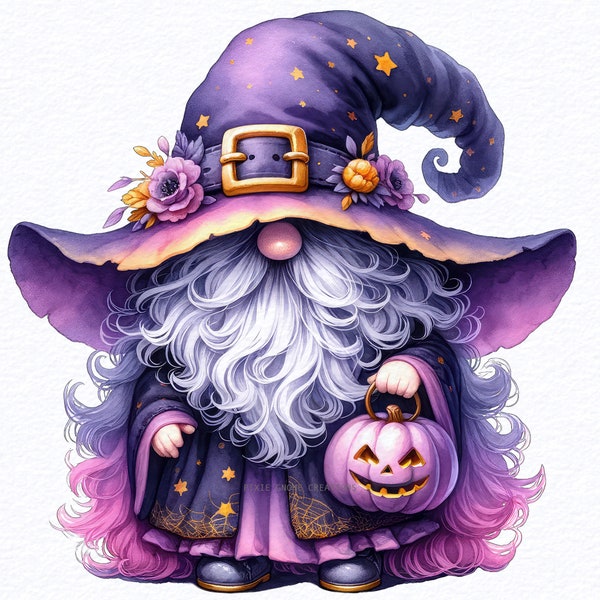 Watercolor Witch Gnome Clipart PNG Bundle, Witches Fortune Gnome, Wizard Gnome, Halloween Gnome, pumpkin witch gnome, Sublimation Designs