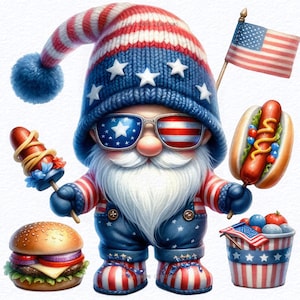 Watercolor Patriotic Gnome Png Clipart Bundle, 4th Of July Gnomes, Veteran Gnomes Png, Memorial Day, Independence Day Sublimation
