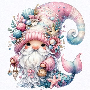 Watercolor Mermaid Gnome Clipart Bundles, cute fairytale clipart, pastel gnome, ocean theme clipart bundle, Sublimation Designs Downloads