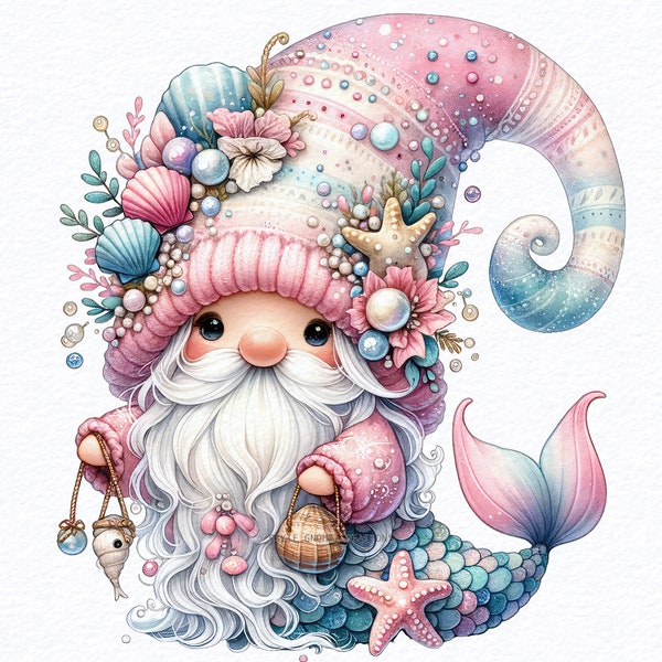 Watercolor Mermaid Gnome Clipart Bundles, cute fairytale clipart, pastel gnome, ocean theme clipart bundle, Sublimation Designs Downloads