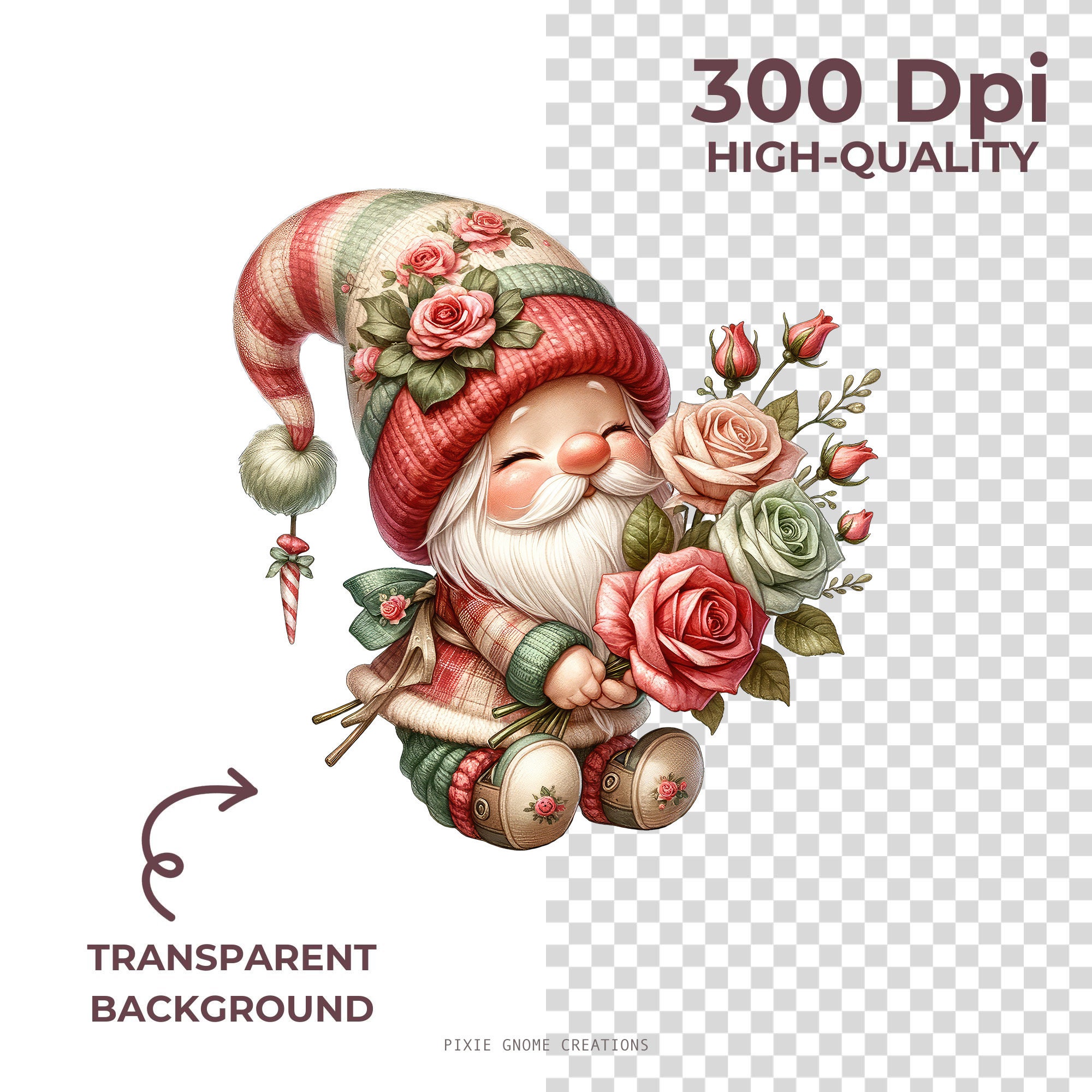 Watercolor Valentines Rose Floral Gnome Clipart PNG Bundle, Garden ...