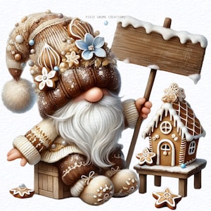 Watercolor Gingerbread Cookie Gnome Wood Sign Clipart PNG Bundle, Gingerbread Man Christmas Gnomes, Gingerbread House, Winter holidays