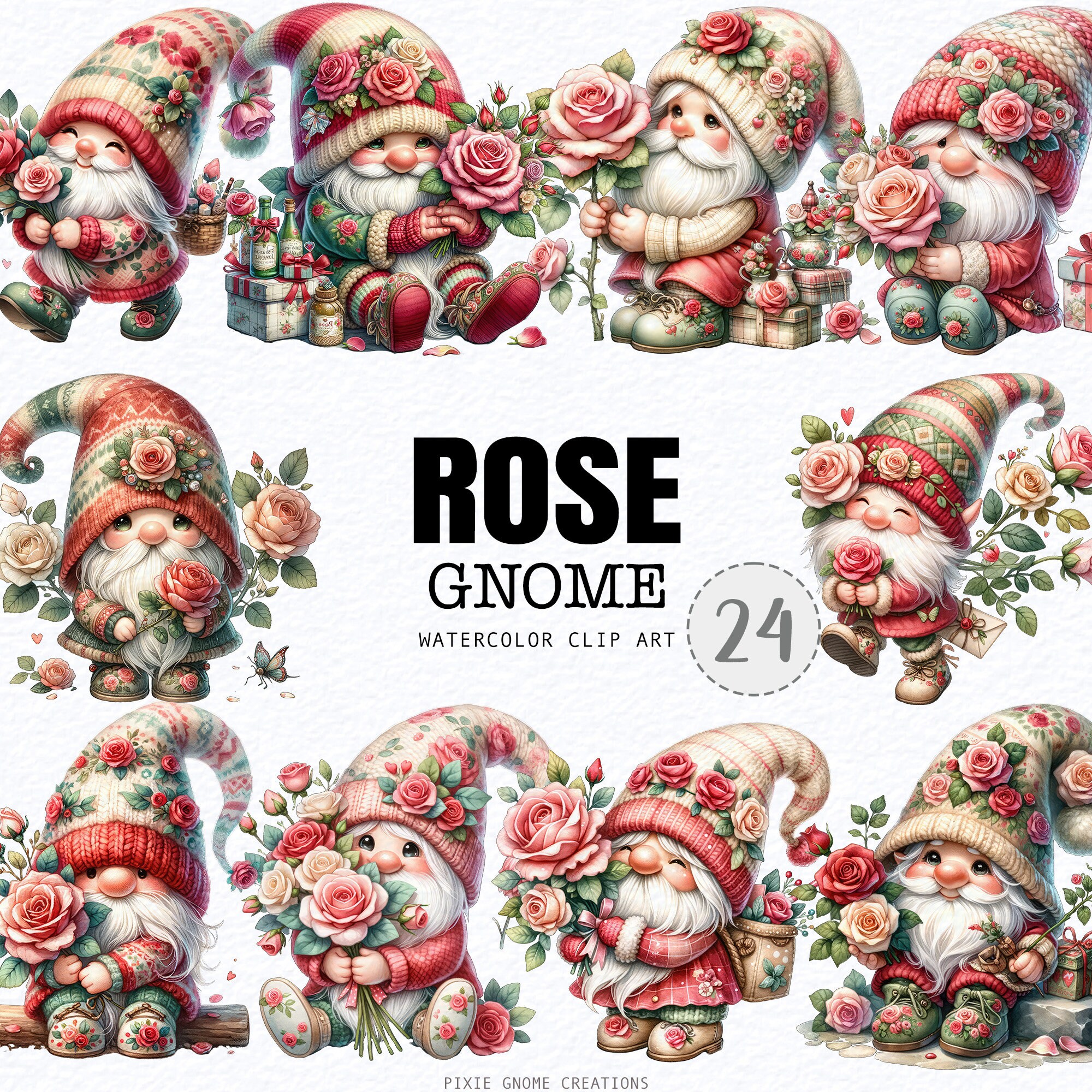 Watercolor Valentines Rose Floral Gnome Clipart PNG Bundle, Garden ...
