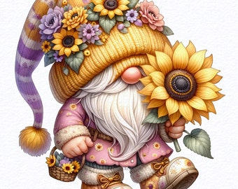 Watercolor Summer Garden Sunflowers Gnome clipart bundle Png, Garden clipart, Spring gnome png graphics, Gnome With Flowers, Sublimation Png