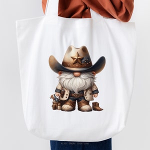 May include: A white tote bag with a cartoon gnome wearing a cowboy hat and a brown and white patterned shirt. The gnome is holding a gun and a bucket. The bag has the text "PIXIE GNOME CREATIONS" printed on the bottom.