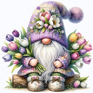 May include: A purple gnome with a white beard is holding a bouquet of pink, white, and yellow tulips. The gnome is wearing a purple knitted hat with flowers on top and a purple and pink patterned sweater. The gnome is sitting on a brown log.